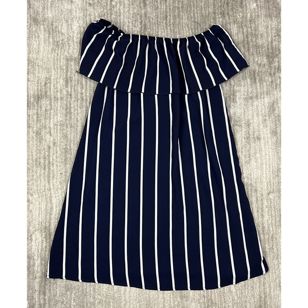 Sydney Rose Dress Womens Large Navy Blue White Striped Off Shoulder Ruffle 1024S